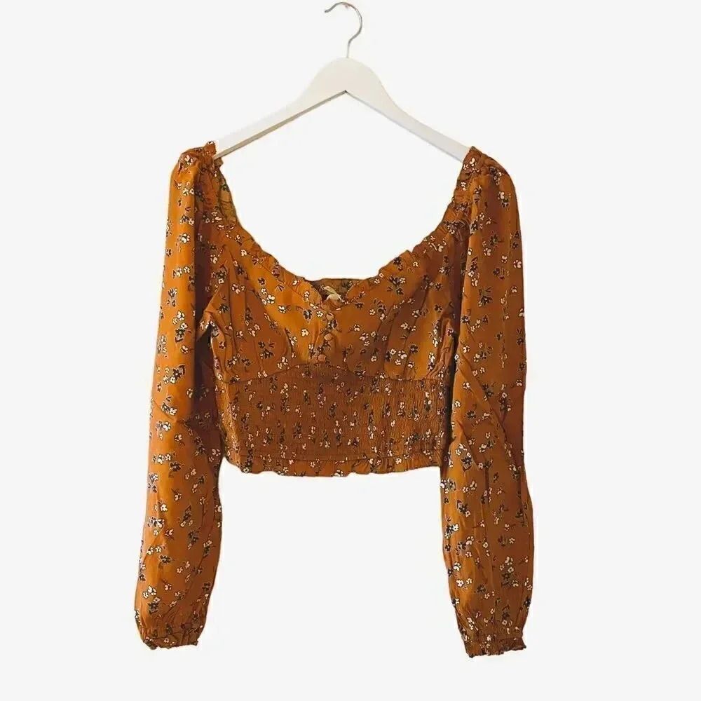 Elodie Womens Crop Top Orange Rust Floral Long Sleeve faux Button Front SZ L